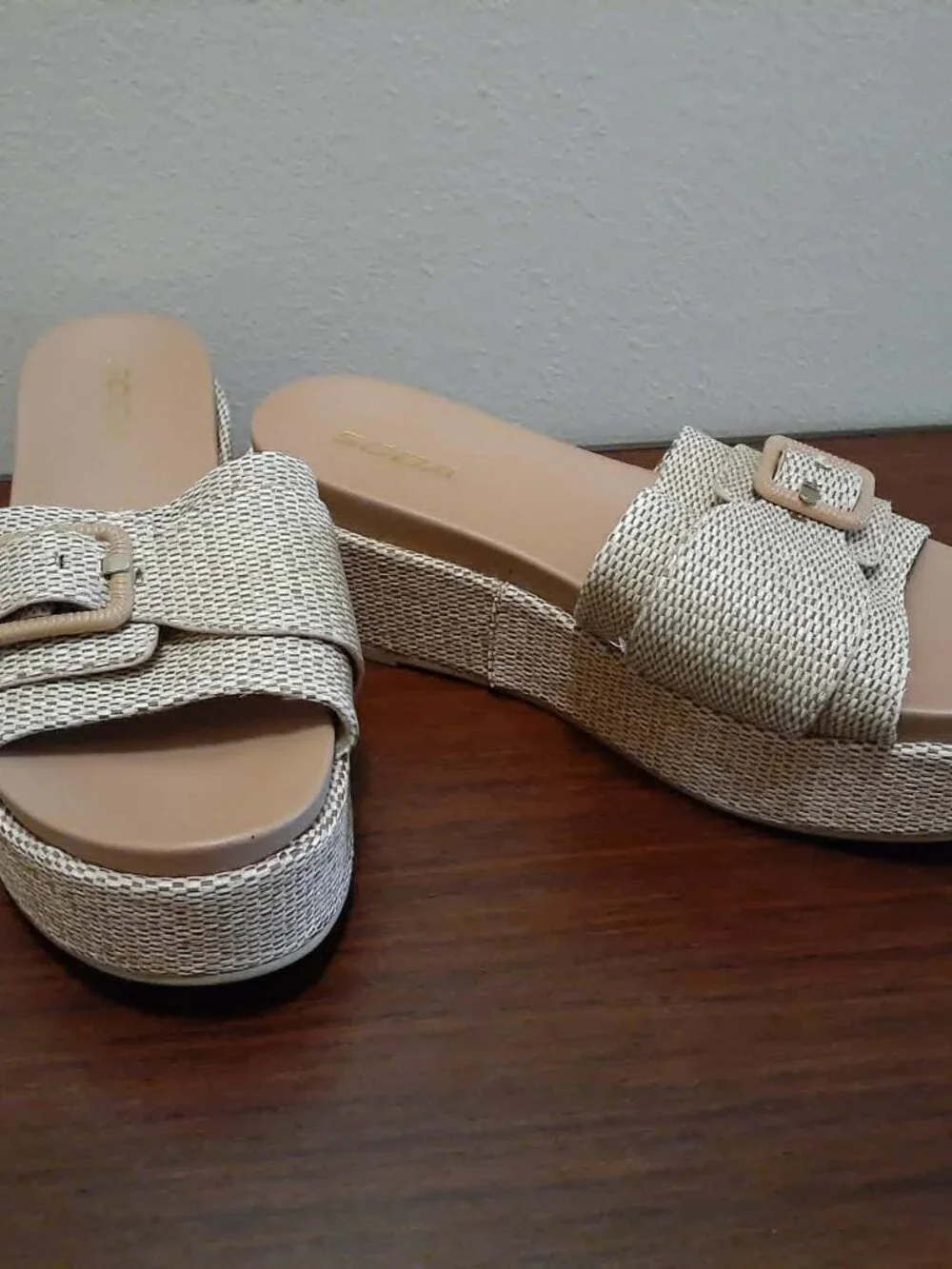 SODA Raffia Slide Platform Tan Sandals